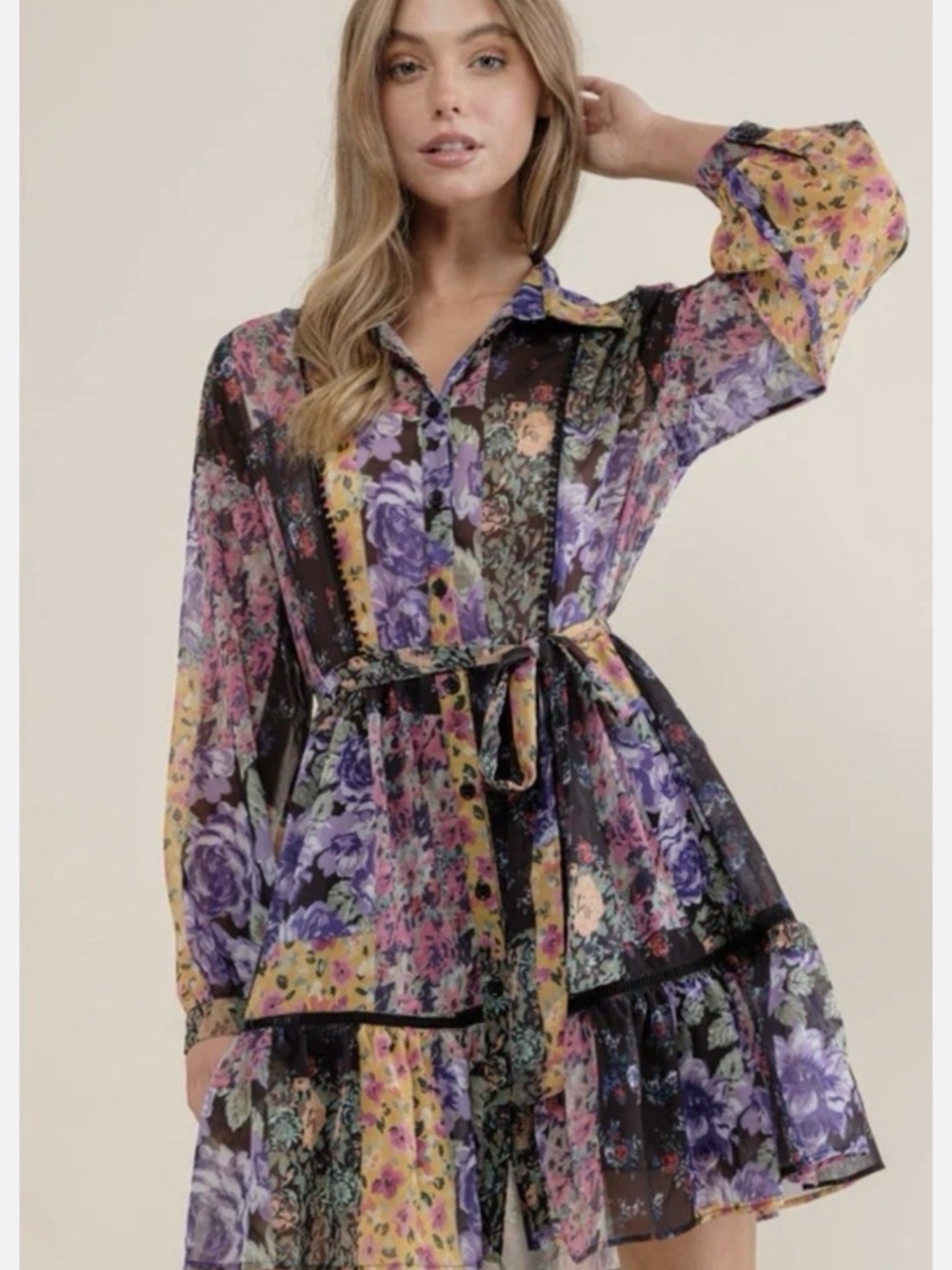 Zara Purple Floral Patchwork Shirt Dress